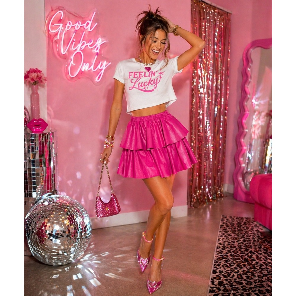 Idem Ditto Pink Faux Leather Ruffle Mini Skirt Elastic Waist Party Barbiecore